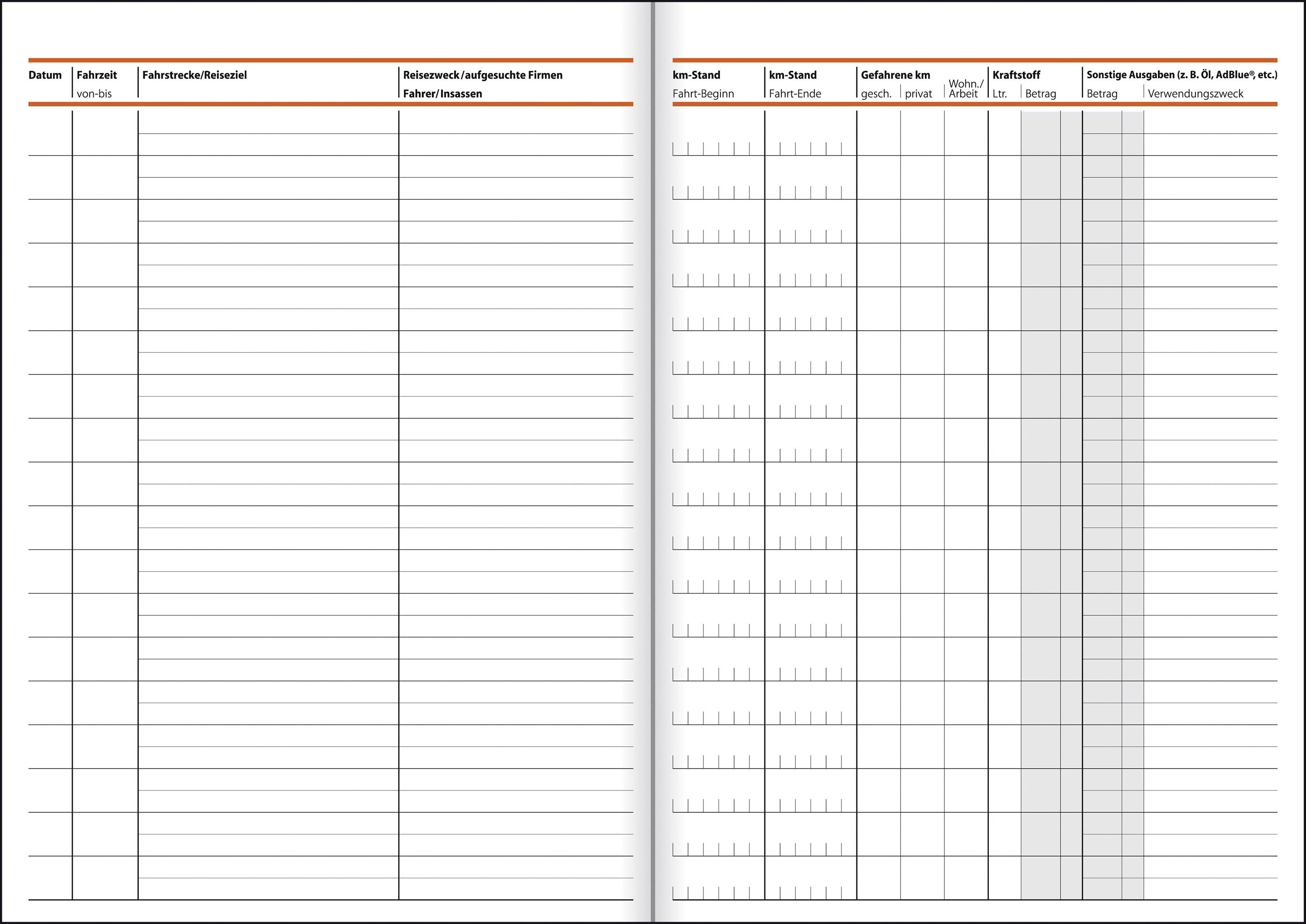 Feuille de relevé de carnet de bord. À gauche : Date, Destination. À droite : Compteurs, Objet du déplacement. Colonnes grisées pour les factures.