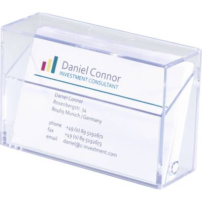 Carte de visite dans un support transparent pour « Daniel Connor, Consultant en Investissements », présentant les coordonnées, incluant téléphone, fax et email.
