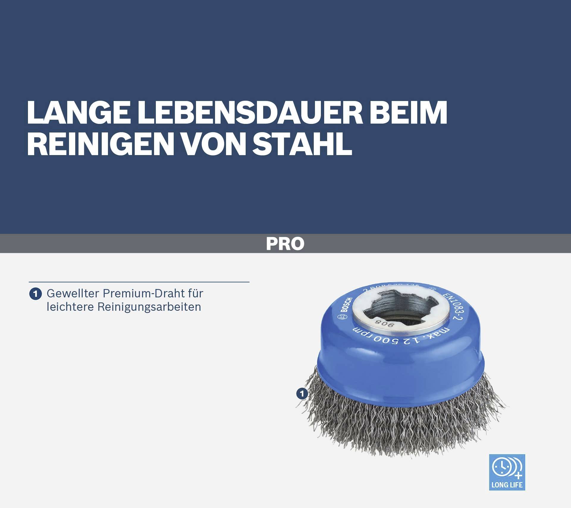 Brosse professionnelle en acier avec fil ondulé pour un nettoyage léger. Point fort : Durée de vie prolongée lors du nettoyage de l'acier.