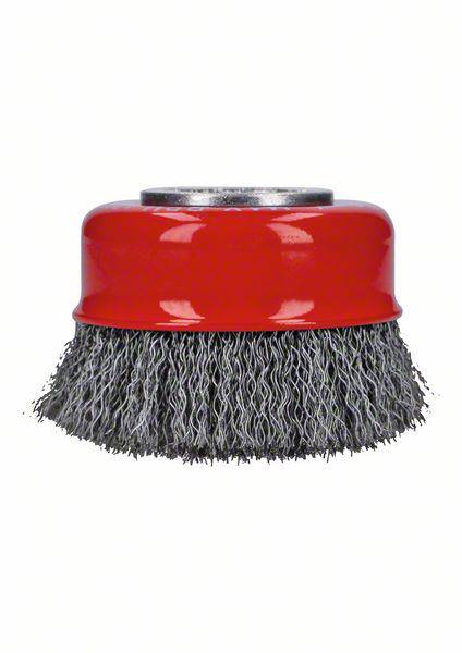 Brosse métallique ronde avec boîtier en métal rouge et poils en fil gris, utilisée pour le nettoyage ou le ponçage de surfaces.