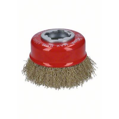 Brosse rotative rouge avec poils métalliques, adaptée au nettoyage de surfaces telles que le métal, vitesse maximale de 12 500 tr/min.