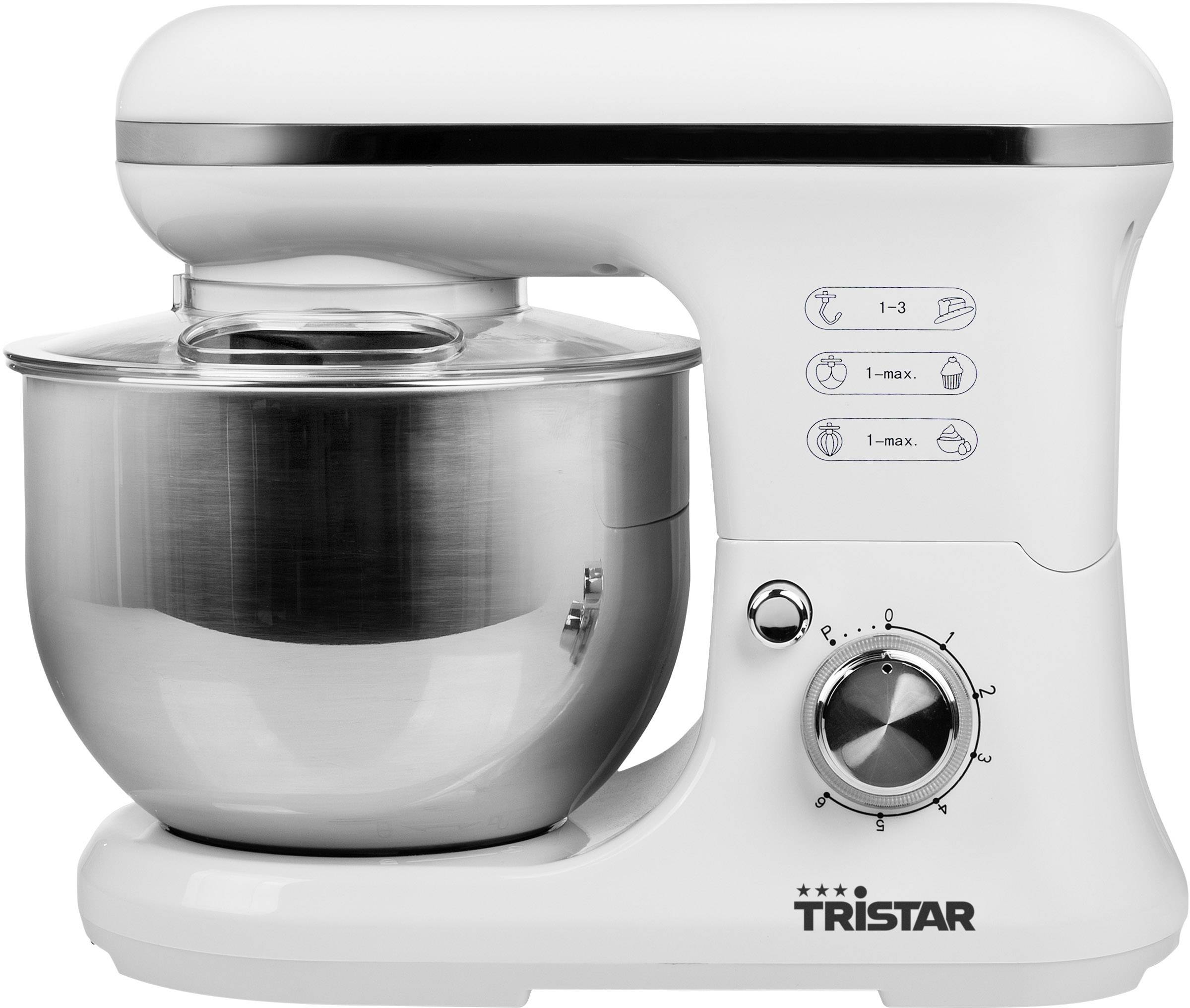 Machine à cuisiner blanche avec grand récipient en acier inoxydable et bouton rotatif pour les niveaux de vitesse. Marque : Tristar.