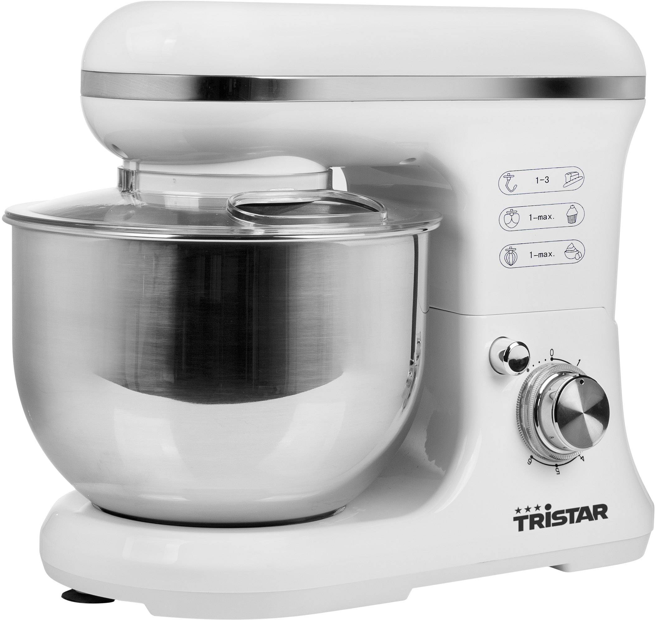 Robot de cuisine blanc avec bol en acier inoxydable et bouton rotatif de réglage de vitesse.