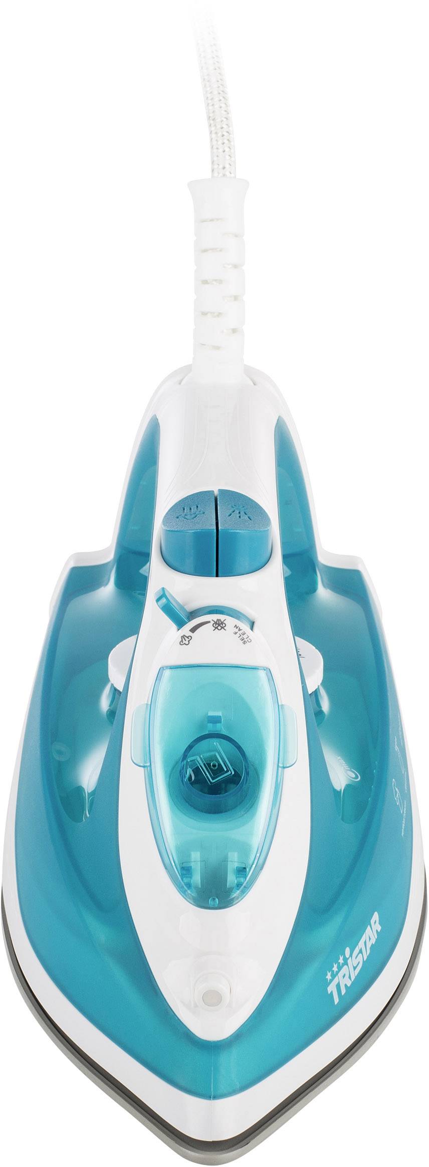 Fer à repasser bleu et blanc vu de dessus, avec un réservoir d'eau transparent et un câble fixé à la poignée.