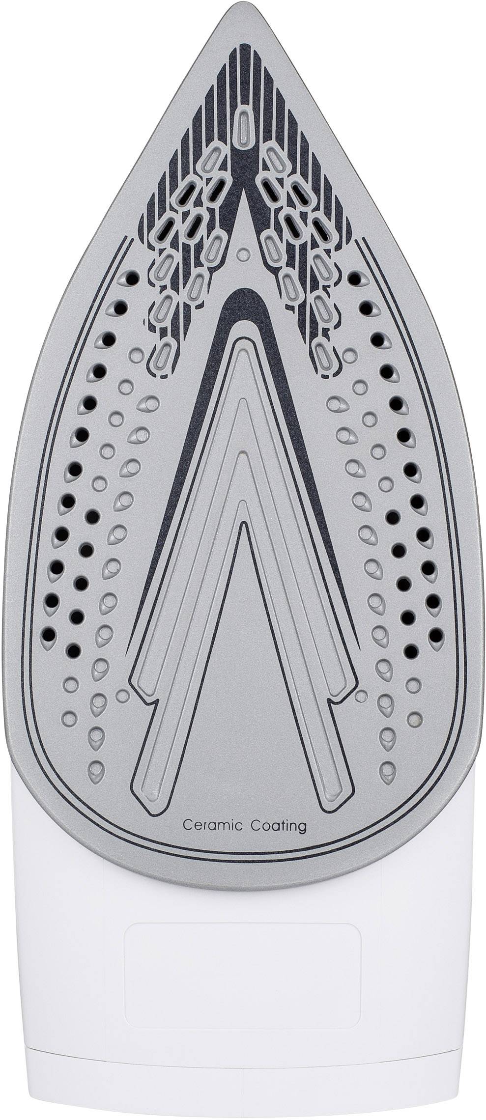 Fer à repasser avec semelle en céramique grise, doté d'ouvertures ventilées selon un motif en chevron.