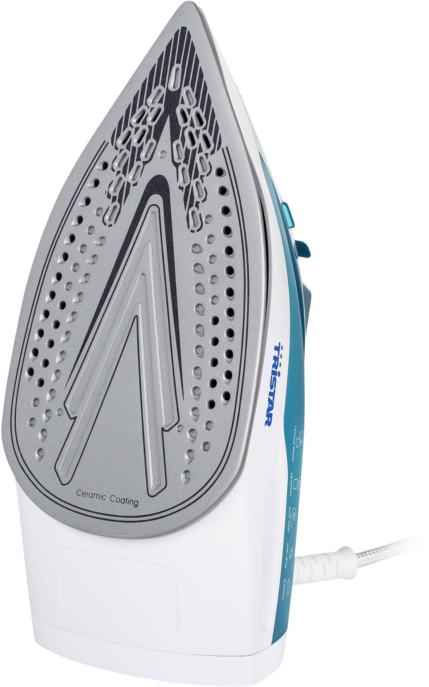 Fer à repasser à semelle céramique, debout, vu de dessous. Câble visible sur l'appareil.
