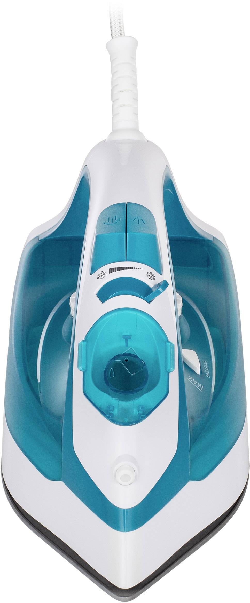 Un fer à repasser vapeur bleu et blanc en gros plan vu de dessus, avec un focus sur l'ouverture du réservoir d'eau et les commandes.