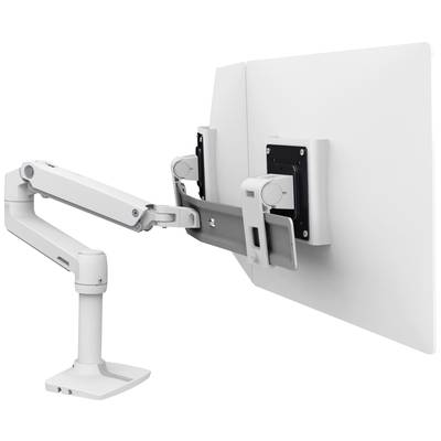 Un bras de moniteur réglable en blanc, capable de soutenir deux écrans. Le bras est fixé à une table et permet une inclinaison flexible.
