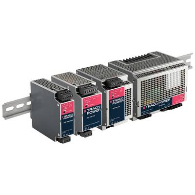 Quatre alimentations de TRACO Power, montées sur un rail DIN. Elles diffèrent par leur taille et leur capacité de puissance.