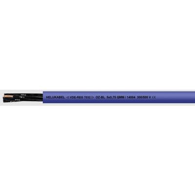 Gros plan d'un câble bleu portant l'inscription 'HELUKABEL (VDE-RG 7000)'. Un câble noir avec des conducteurs en cuivre est visible à gauche.