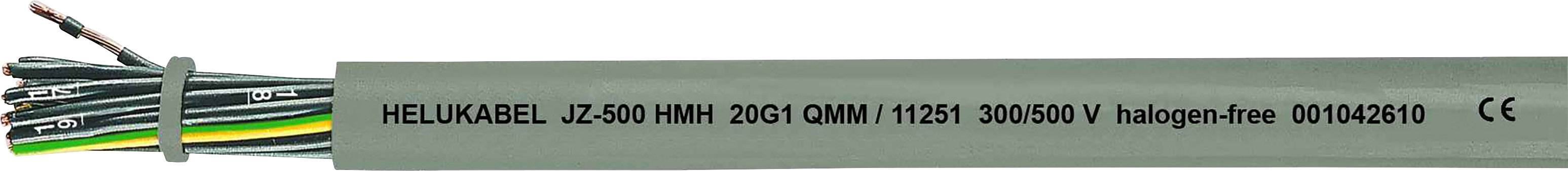 Un câble gris portant l'inscription 'HELU KABEL JZ-500 HMH 2G1 0MM² (1125) 300/500V sans halogène 001042510 CE'. Plusieurs conducteurs colorés visibles.