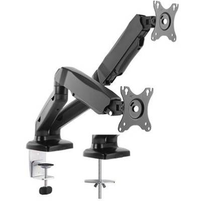 Support de moniteur double avec deux bras ajustables et fixation par pince. Adapté aux postes de travail de bureau pour optimiser la disposition des écrans.
