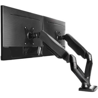Deux écrans d'ordinateur montés sur un bras double articulé, permettant des inclinaisons et des rotations flexibles afin d'offrir une meilleure ergonomie.