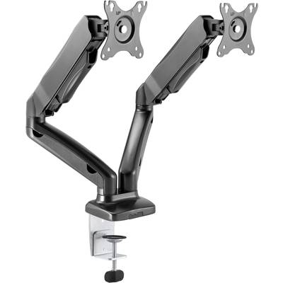 Support de moniteur à deux bras articulés, fixé par des pinces sur un bureau, adapté pour deux écrans.