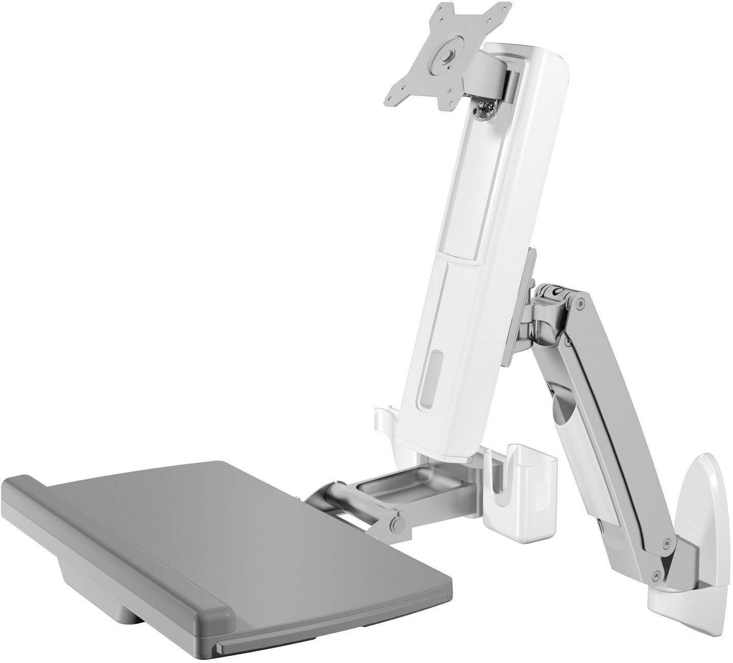 Un bras de moniteur blanc et réglable avec un plateau-clavier gris, adapté aux postes de travail ergonomiques.