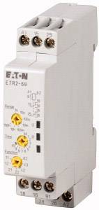 Un module de relais électronique de la marque EATON, modèle ETR2-69, doté de plusieurs bornes de connexion et de roues de réglage pour le contrôle des circuits électriques.