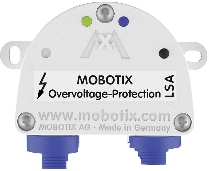 Un dispositif de protection contre les surtensions blanc avec des accessoires bleus, portant l'inscription 'MOBOTIX Overvoltage-Protection LSA', fabriqué en Allemagne.