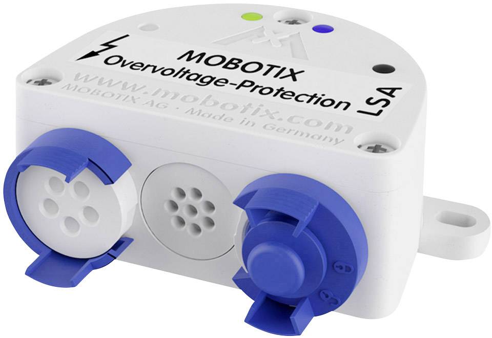 'Dispositif électronique de protection MOBOTIX avec protection contre les surtensions et bornes de connexion bleues, fabriqué en Allemagne.'