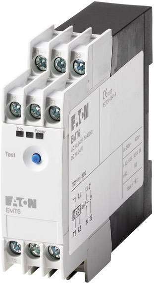 Un relais temporisé multifonction électronique d'Eaton avec un boîtier blanc, un bouton de test bleu et des bornes de connexion en haut.
