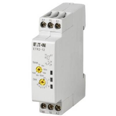 Un relais temporisé Eaton, modèle ETR2-12, avec des temps réglables et des bornes en façade pour le contrôle des circuits électriques.