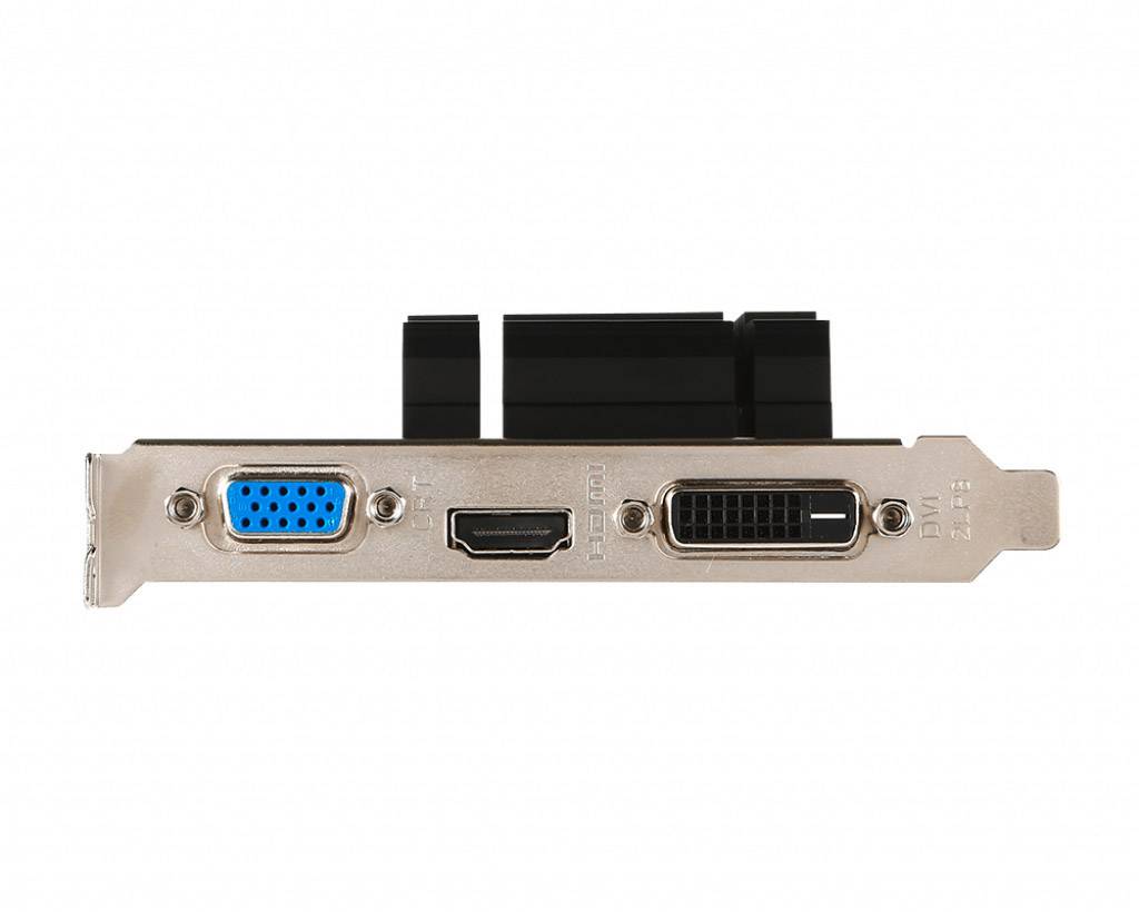 Arrière d'une carte graphique avec des ports VGA, HDMI et DVI disposés côte à côte.