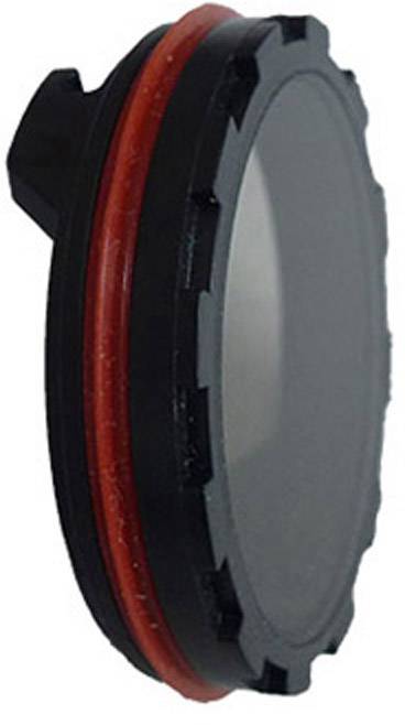 Objectif rond avec un cadre noir et un anneau en caoutchouc rouge. Il ressemble à un filtre ou à un composant d'un dispositif optique.