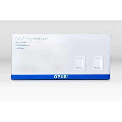 Emballage d'un interrupteur lumineux portant l'inscription 'OPUS EasyStart Lumière'. Deux illustrations d'interrupteurs sont représentées sur le côté droit.
