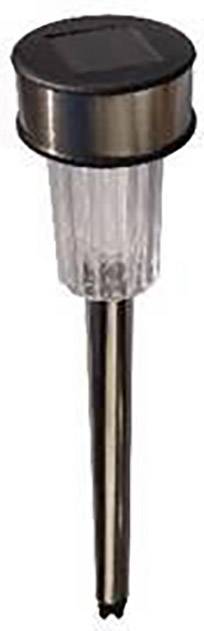 Lampe de jardin solaire en acier inoxydable avec corps en plastique transparent et piquet de terre pointu. Idéale pour les espaces extérieurs.