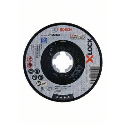 'Disque à tronçonner Bosch X-LOCK, adapté pour le métal, diamètre 115 mm, épaisseur 2,5 mm et alésage de 22,23 mm.'
