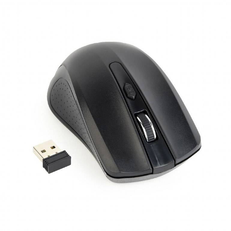 Souris d'ordinateur noire sans fil avec récepteur USB à côté. La souris est équipée d'une molette de défilement et de deux boutons latéraux.