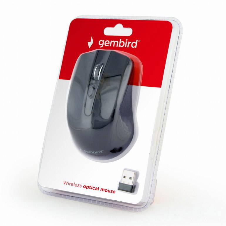 Une souris optique sans fil noire de Gembird, emballée dans un blister, accompagnée d'un récepteur USB.
