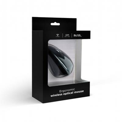 Souris optique sans fil ergonomique noire dans un emballage, marquée 'BLACK MATRIX', 'Souris optique sans fil ergonomique'.