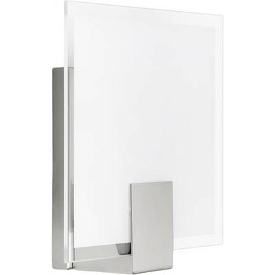Lampe murale moderne avec boîtier rectangulaire en argent mat et abat-jour en verre transparent. Idéale pour un éclairage intérieur contemporain.