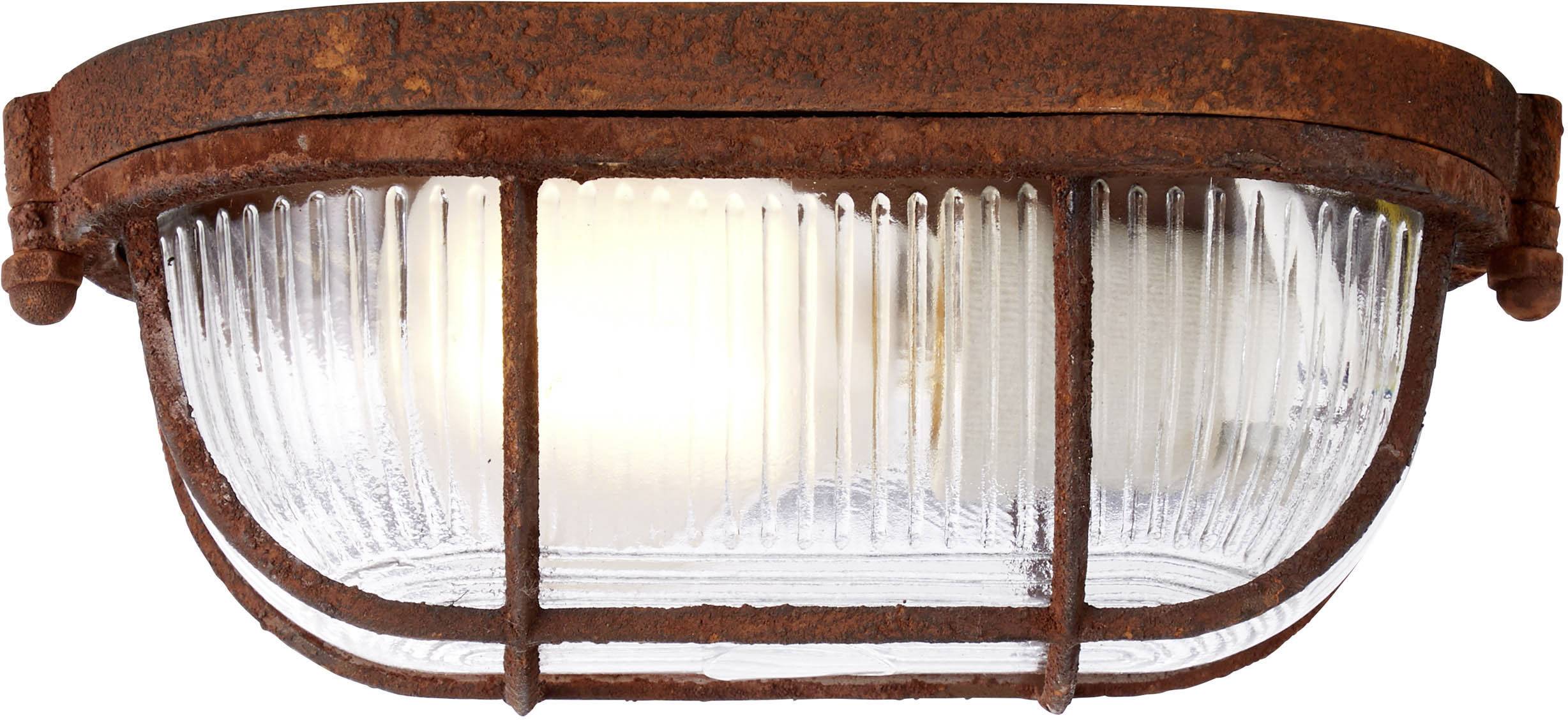 Applique murale rustique en métal avec un abat-jour en verre qui diffuse une lumière chaleureuse. Idéale pour les décors industriels ou rustiques.