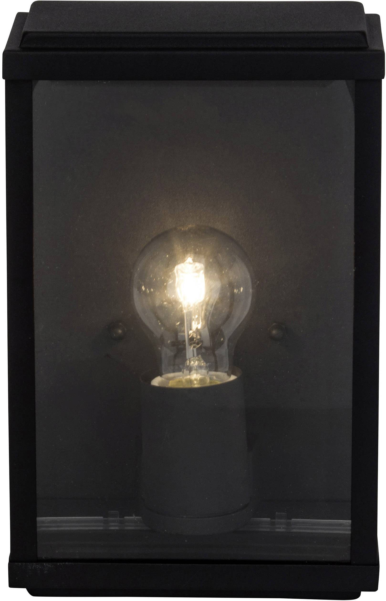 Une ampoule brille dans un boîtier rectangulaire noir aux parois de verre.