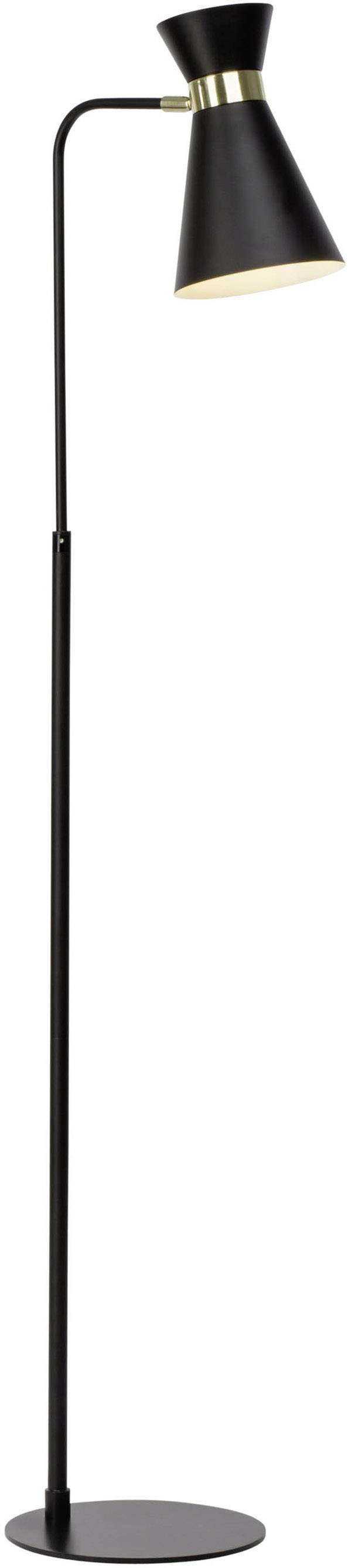 Lampadaire noir avec base étroite et courbée et abat-jour conique, parfait pour un design de salon contemporain.