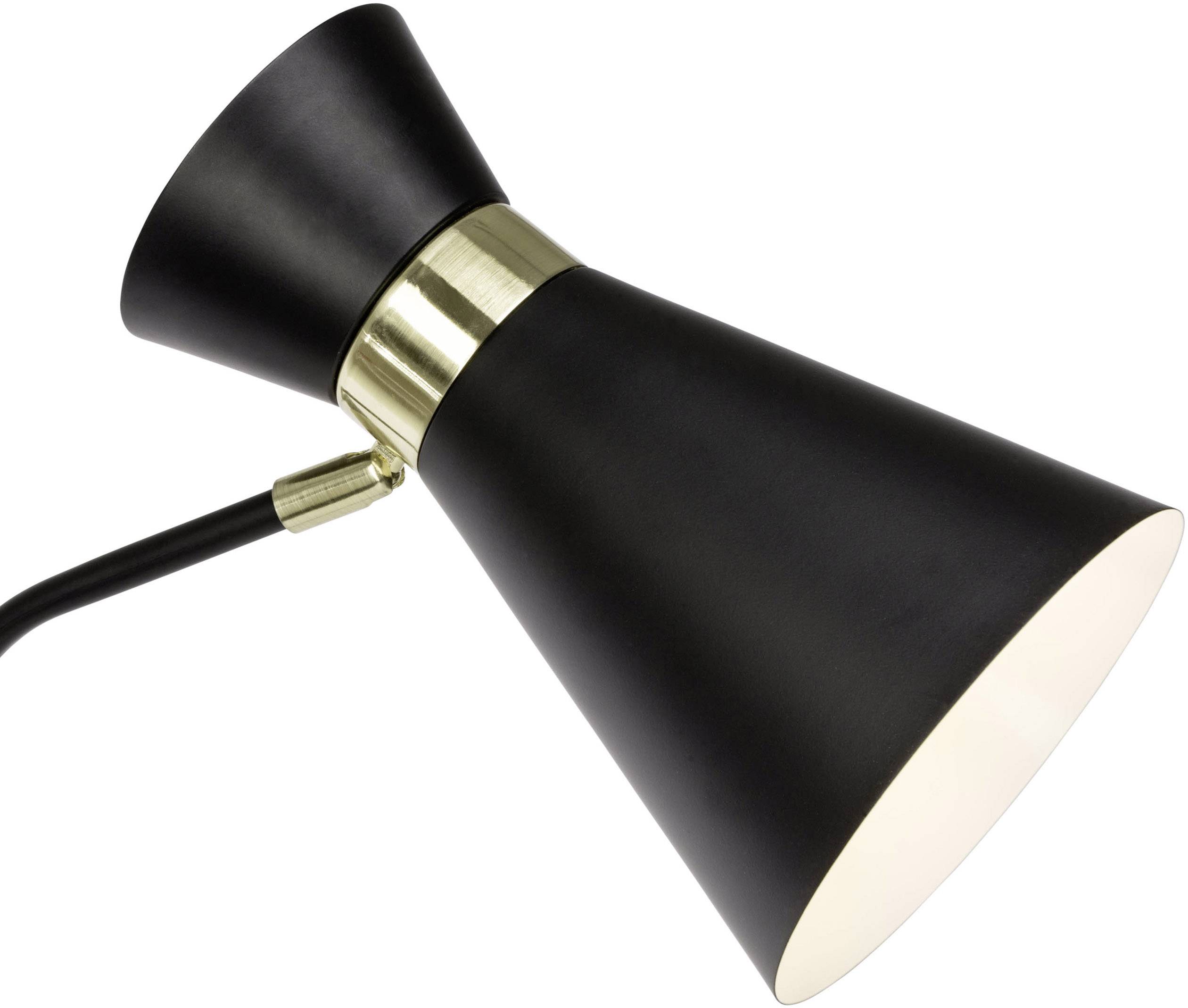 Lampe de table noire avec des détails dorés, abat-jour en forme d'entonnoir, design minimaliste.