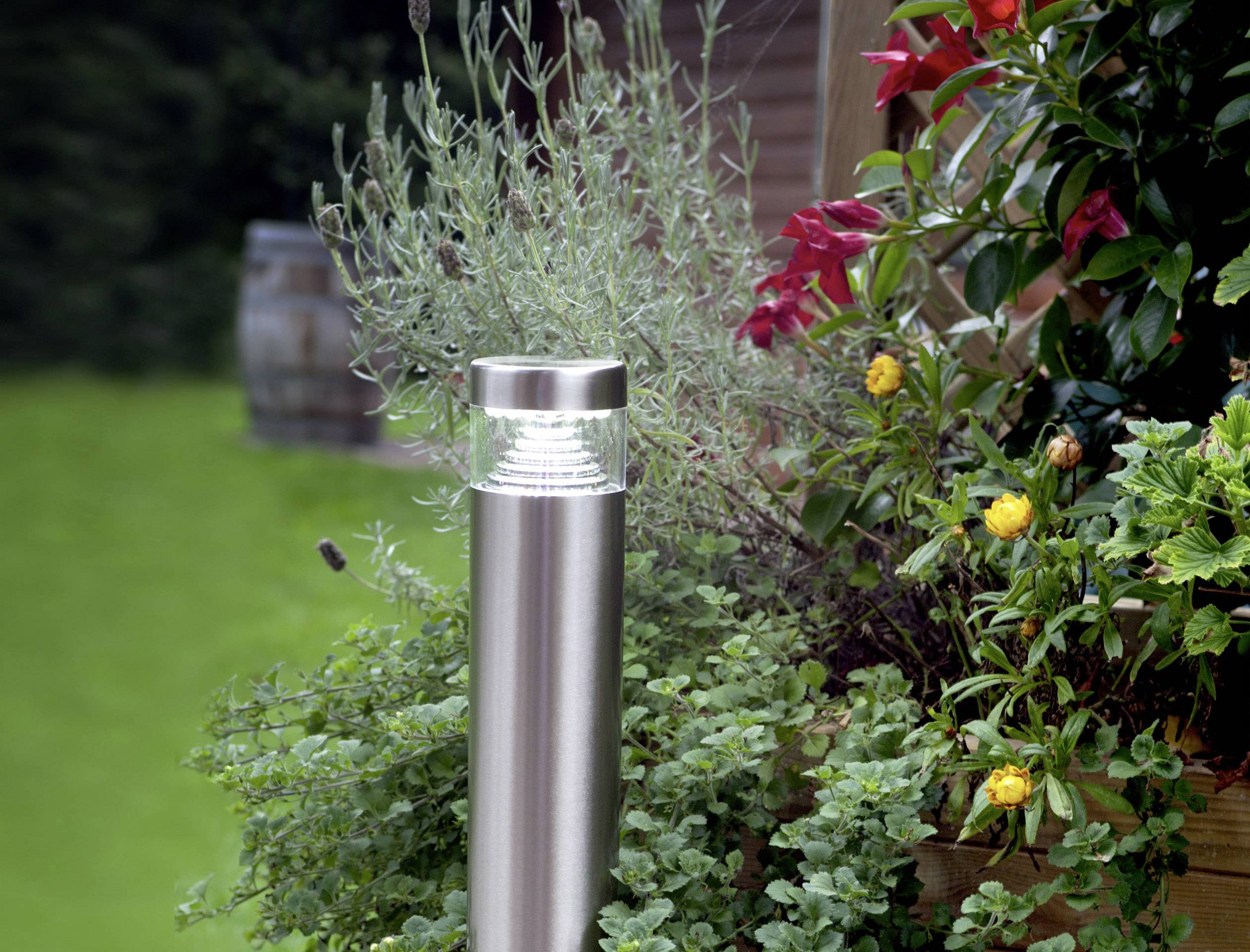 Une lampe de jardin moderne en acier inoxydable se dresse au milieu de plantes verdoyantes luxuriantes et de fleurs colorées, créant une atmosphère chaleureuse et accueillante.