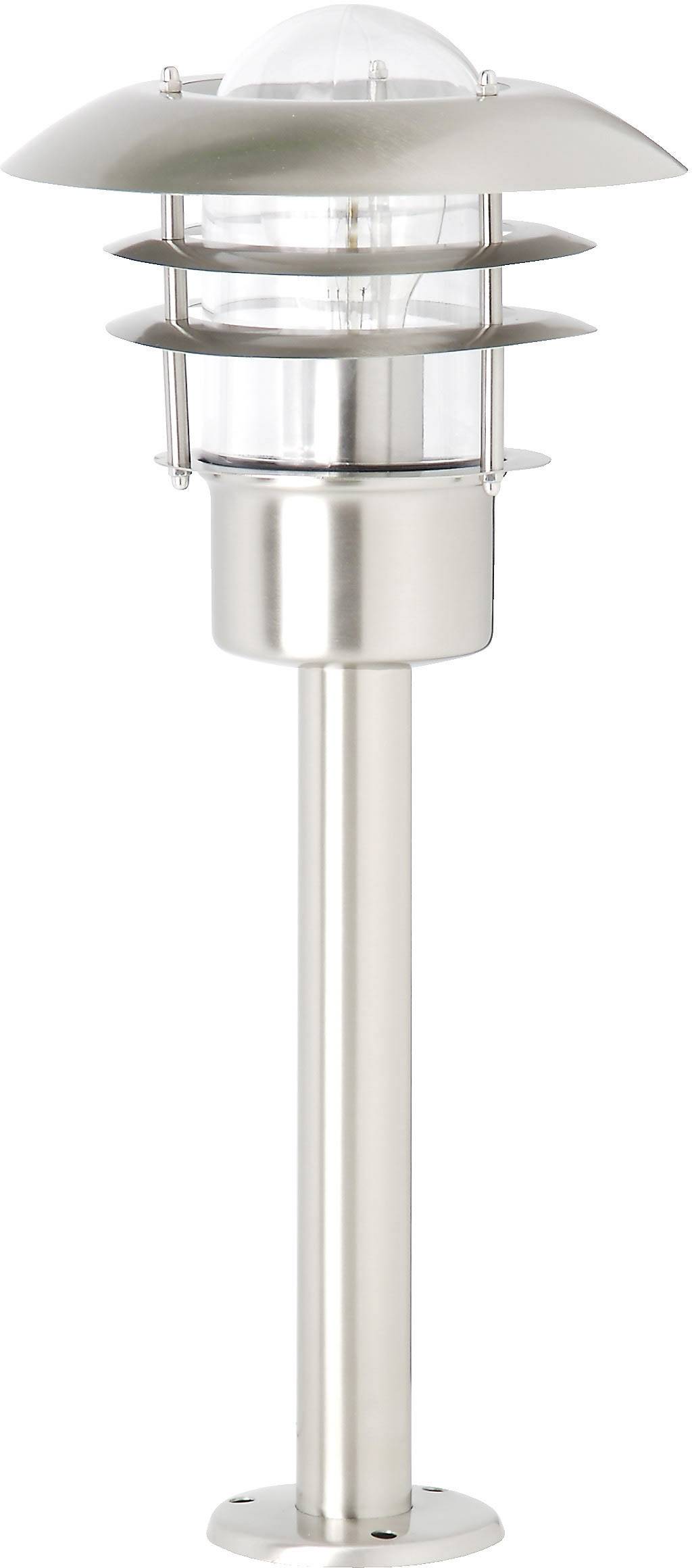 Applique extérieure métallique à trois lamelles autour d'une ampoule, montée sur un support élancé et haut.