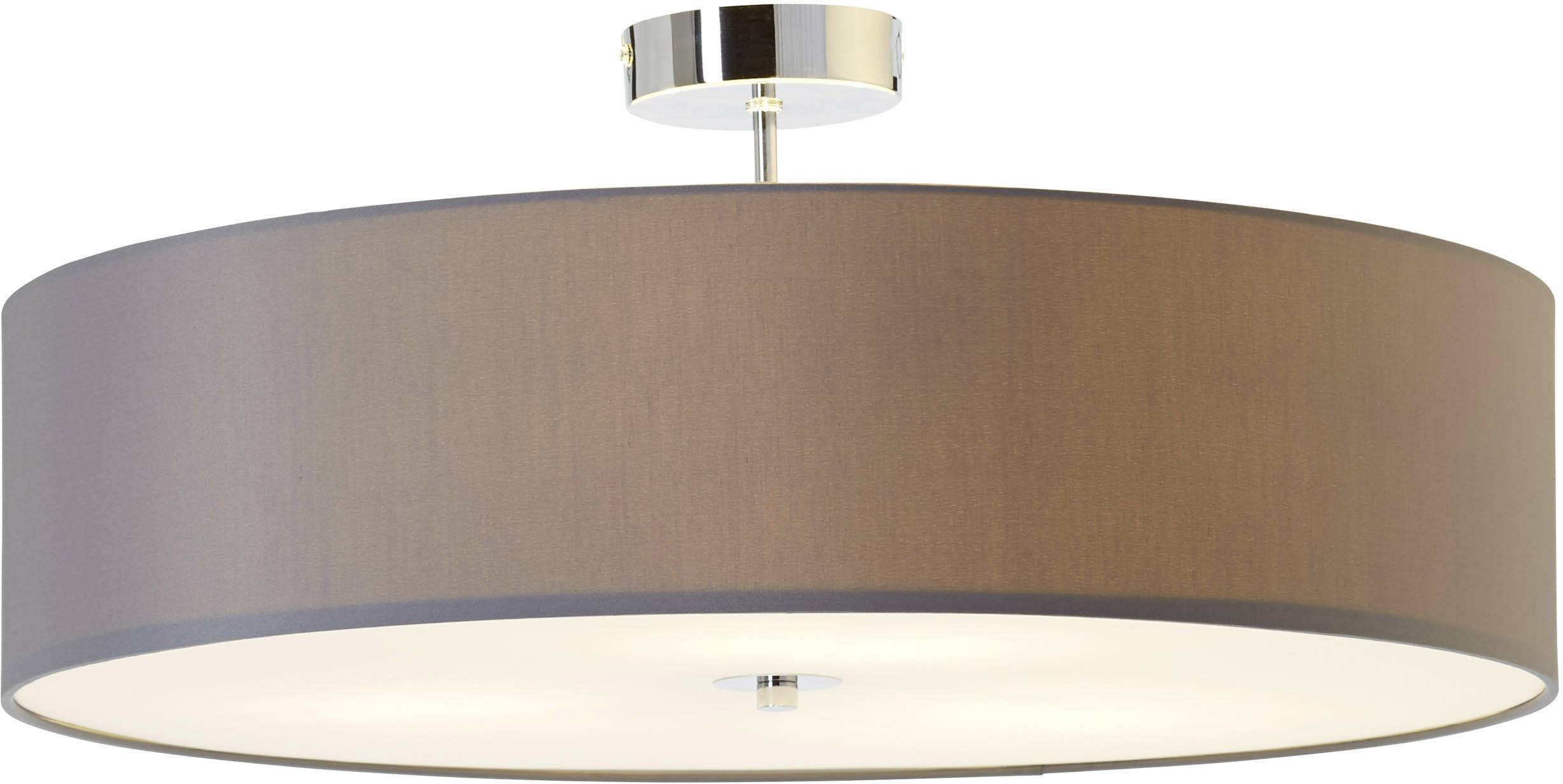 Un luminaire de plafond rond et moderne, avec un abat-jour marron et un diffuseur blanc en dessous. Idéal pour l'éclairage du salon.