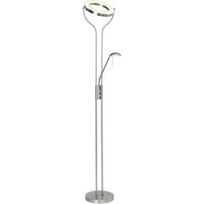 Lampadaire en métal à deux luminaires : un grand diffuseur en haut pour un éclairage indirect, et une petite lampe de lecture. Design élégant et moderne.