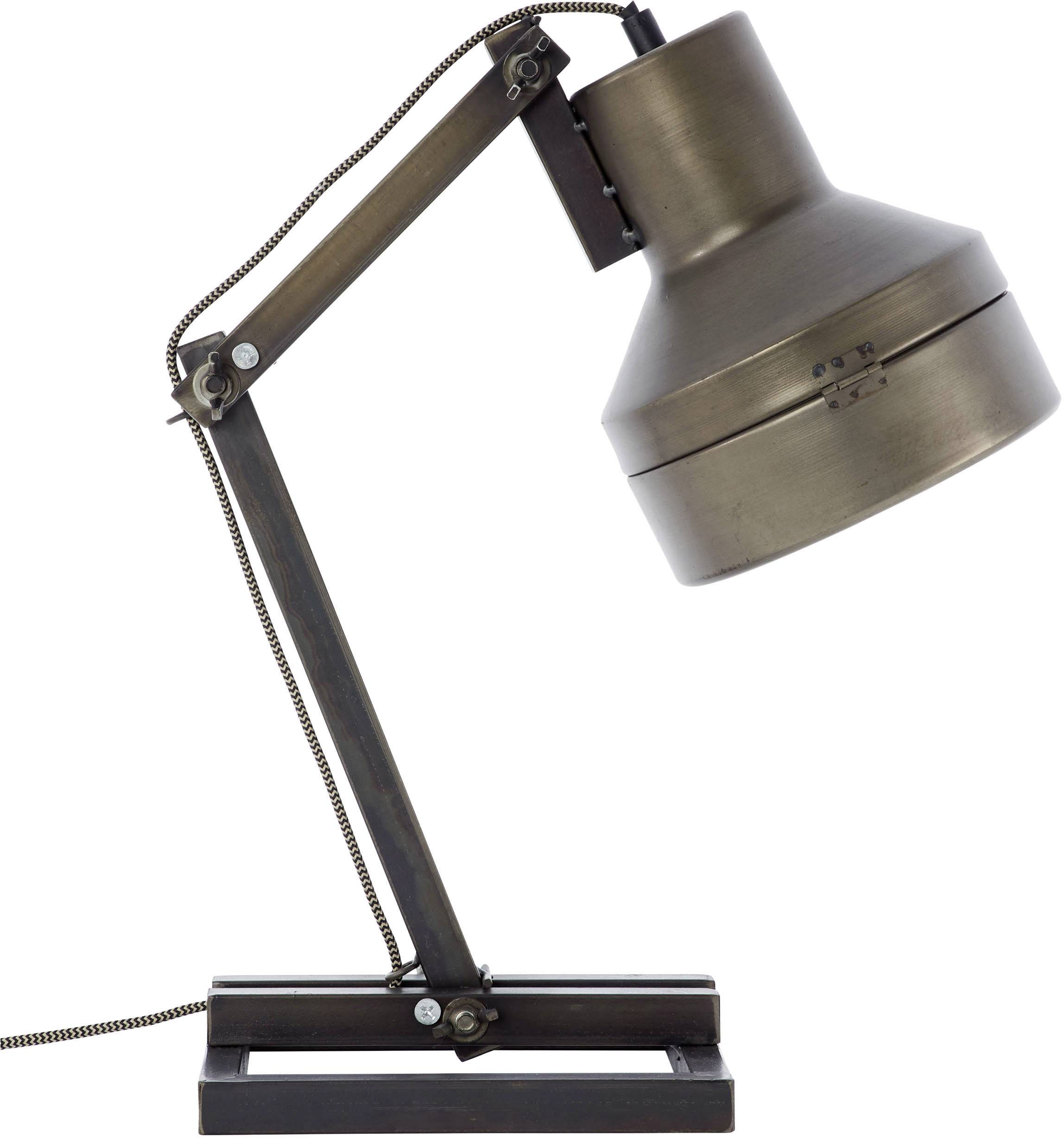 Lampe de table métallique de style industriel avec bras et abat-jour ajustables, reposant sur un socle robuste, câble de type rétro.