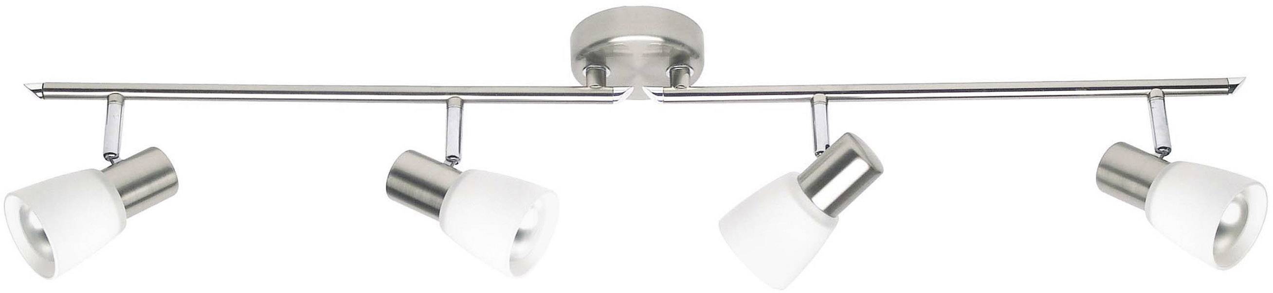 Plafonnier argenté avec quatre projecteurs orientables dans un design blanc et métallique. Idéal pour un éclairage ciblé dans la pièce.