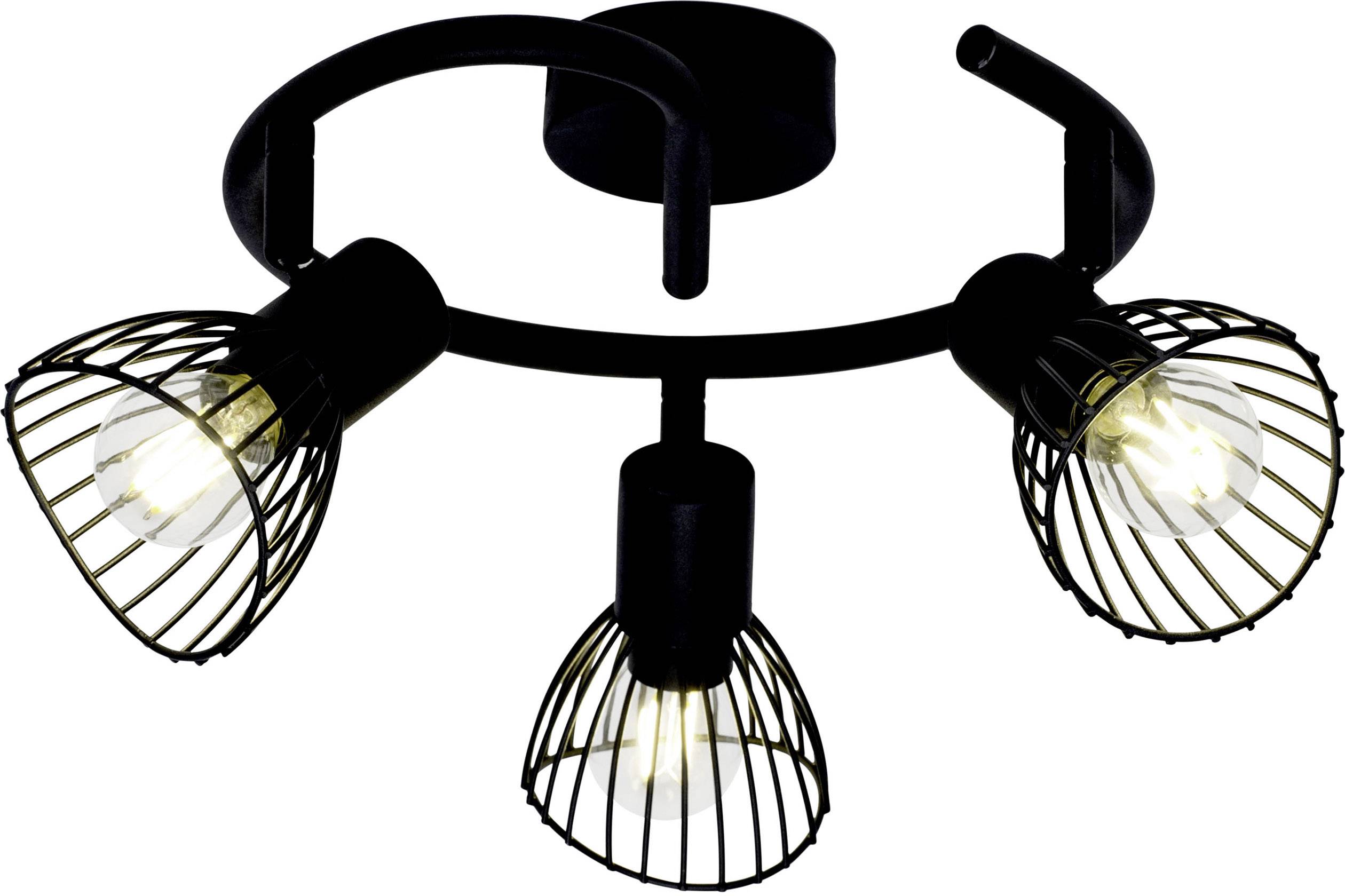 Plafonnier noir avec trois têtes de lampe orientables, design en grille métallique.