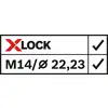 Tableau à deux lignes : Ligne supérieure, X-LOCK avec coche ; Ligne inférieure, M14/Ø 22,23 avec coche.