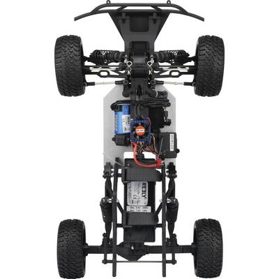 Voiture télécommandée vue de dessous, mettant en évidence la disposition des roues, de la suspension et du moteur. Composants techniques visibles.