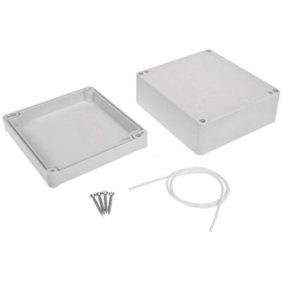 Un boîtier rectangulaire gris avec un couvercle amovible, quatre vis et un câble transparent, adapté aux composants électroniques.