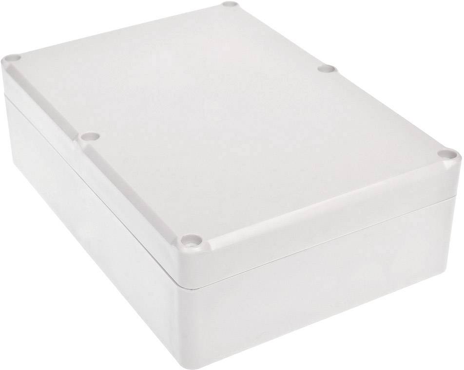 Un boîtier rectangulaire en plastique blanc avec des coins arrondis et des trous de vis dans les coins. Il peut servir de boîtier de protection.