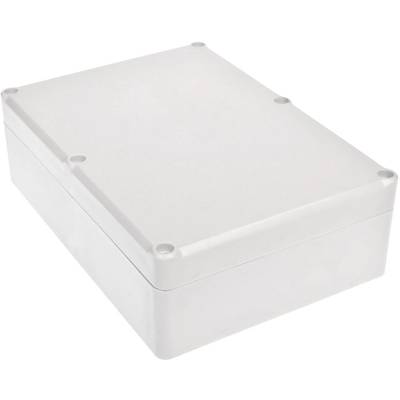 Un boîtier rectangulaire en plastique blanc avec des coins arrondis et des trous de vis dans les coins. Il peut servir de boîtier de protection.
