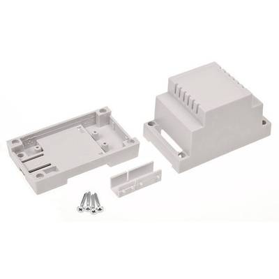 Un boîtier en plastique gris pour composants électroniques, composé de deux parties, un élément de support et quatre vis.